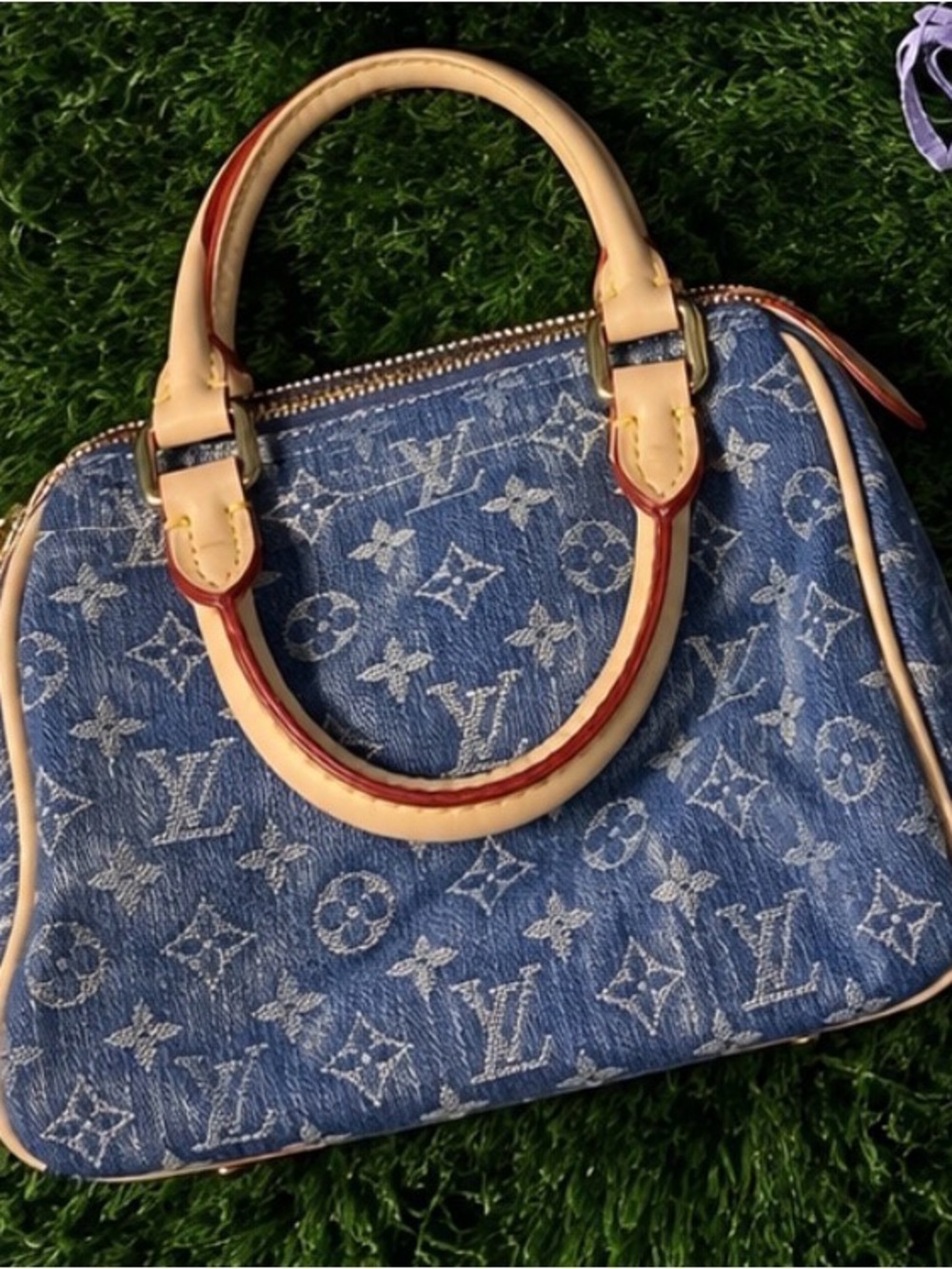 Denim Monogram with Cream and Red Trim